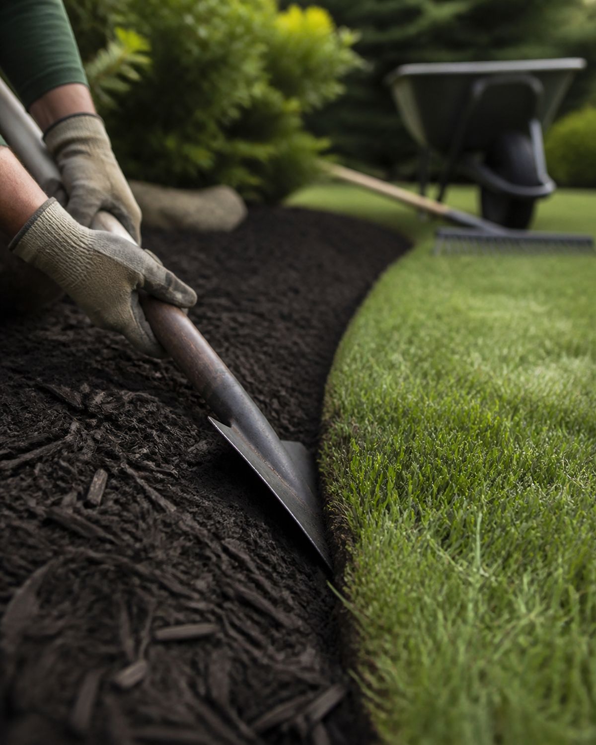 Close-up of a crisp steel edge between dark mulch and a manicured lawn