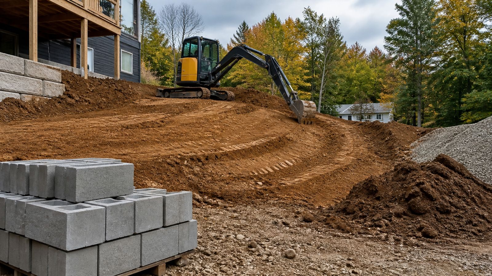 Compact excavator shaping a graded slope with retaining wall blocks staged nearby