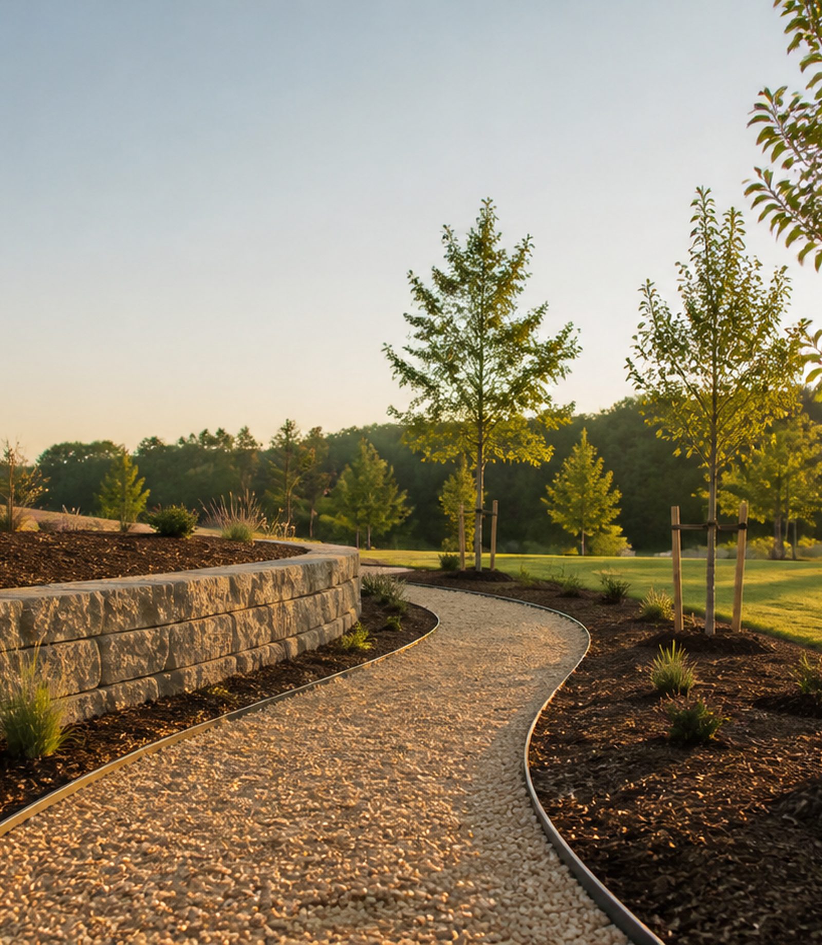 Freshly built gravel path with steel-edged mulch beds and a stacked stone retaining wall at golden hour