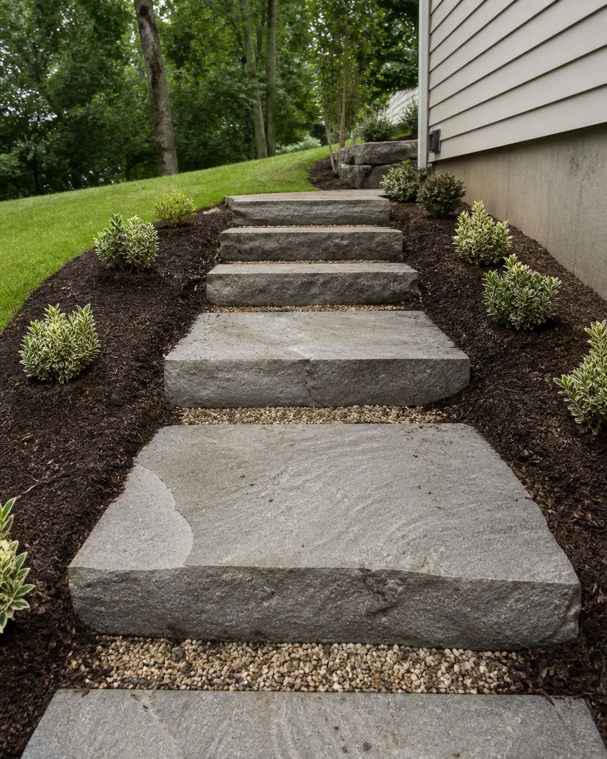 Natural stone steps installed into a sloped side yard with fresh mulch beds